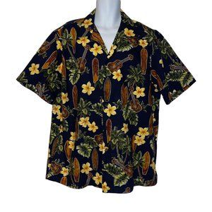 RJC Hawaiian Shirt Mens XL Surfboard Board Navy Floral Aloha Vacation Plumeria